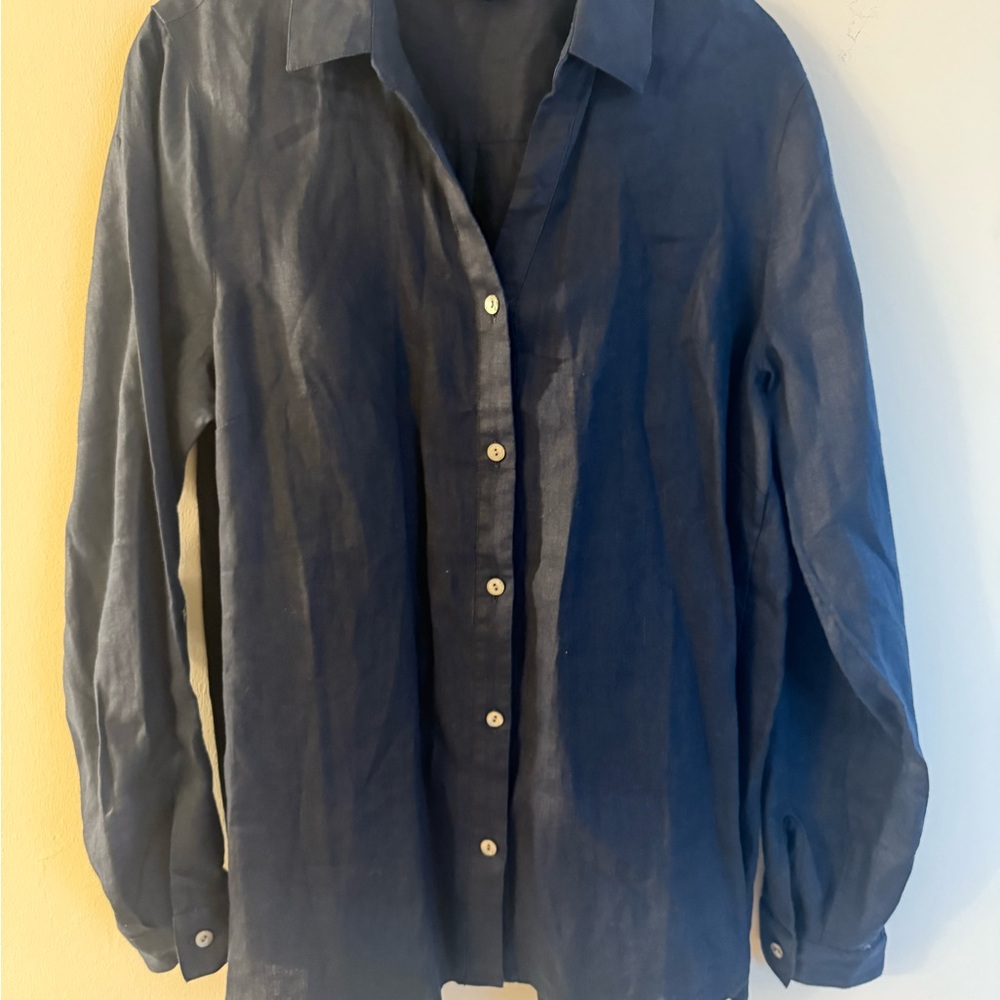 J.Jill Love Linen 100% Linen Button Front Shirt Women’s M Navy Blue Coastal